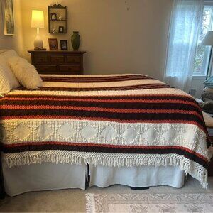 Handmade Bold Striped Heavy Textured Fringed  Queen Afghan Bedspread